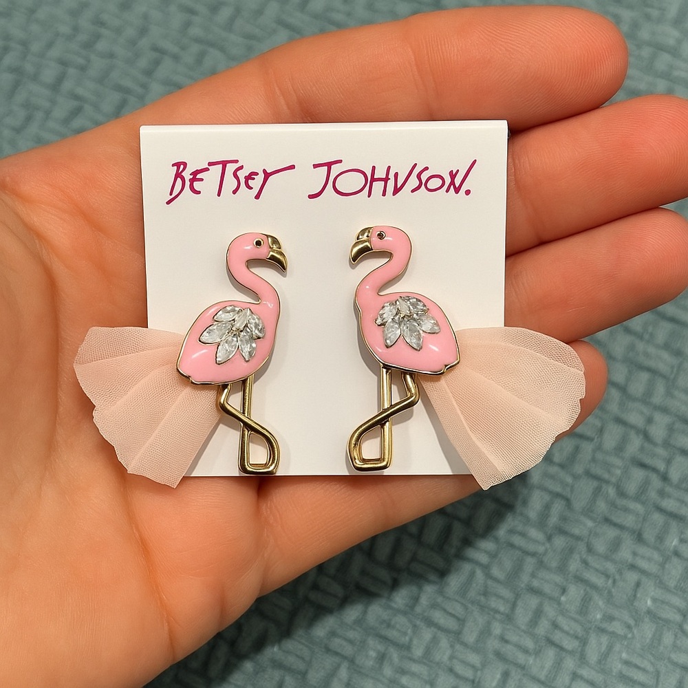Betsey Johnson Pink Flamingo Earrings with Gold Accents